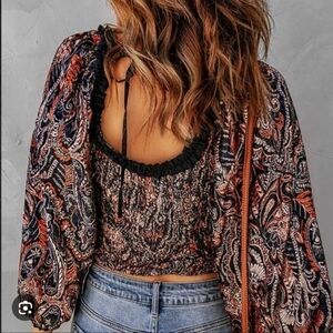 283- Free People Bohemian Velour Paisley Off-Shoulder Top